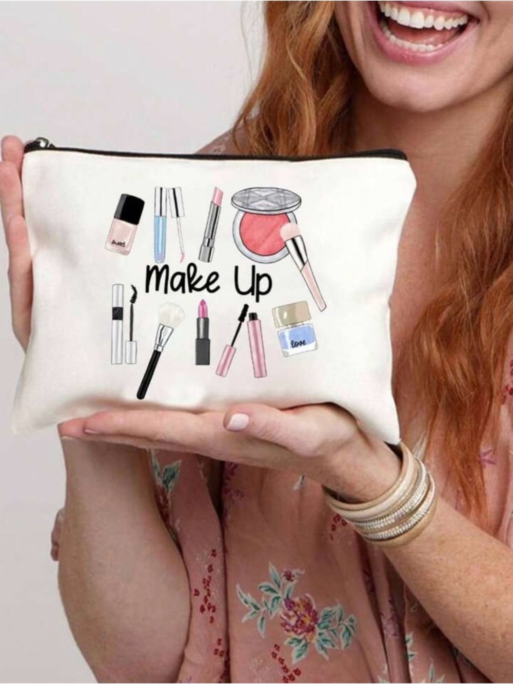 🌺 New Make Up Cosmetic Zipper Pouch - White with Pink Accents